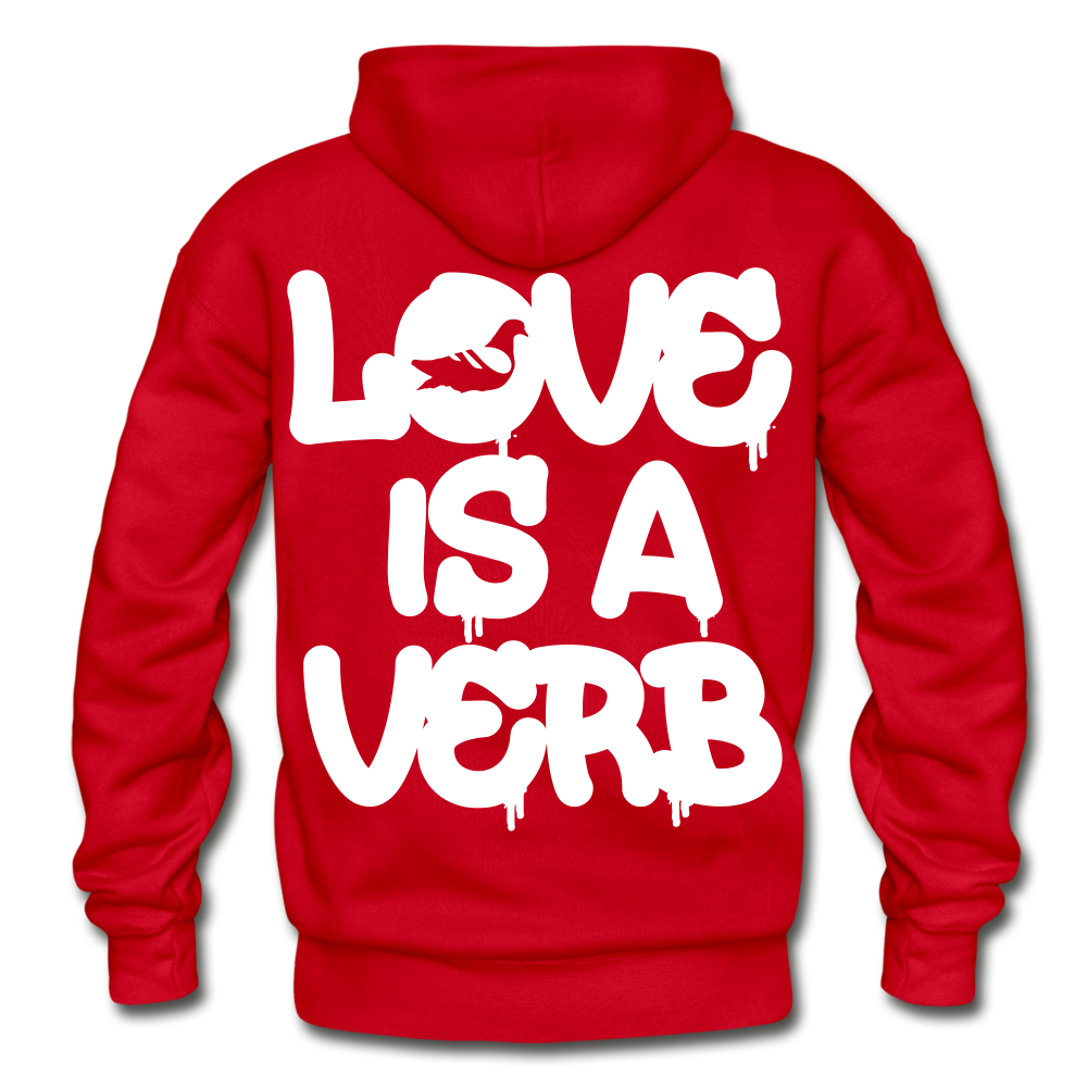 "Love is a Verb" Heavy Blend Adult Hoodie - red