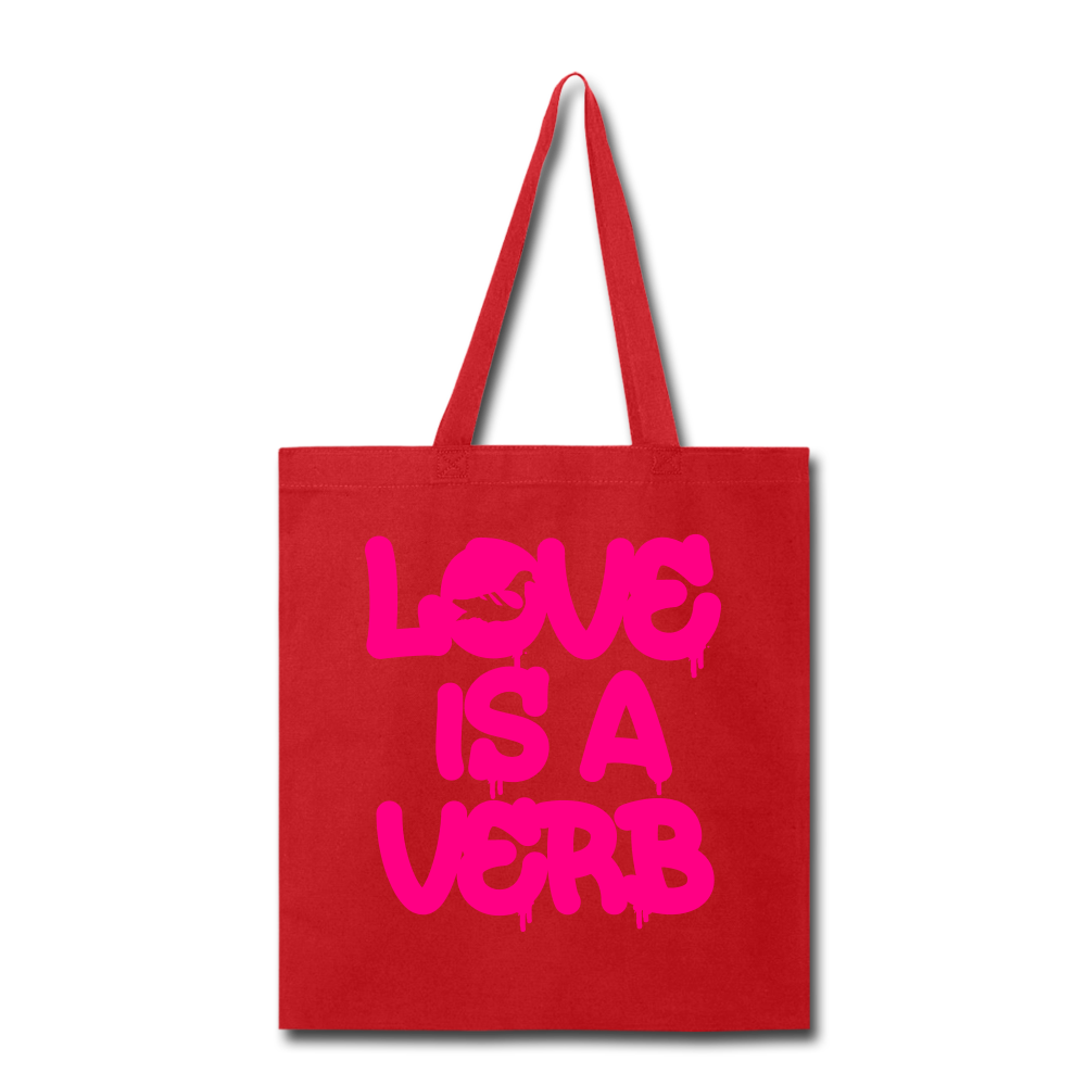 "Love is a Verb" Tote Bag - red