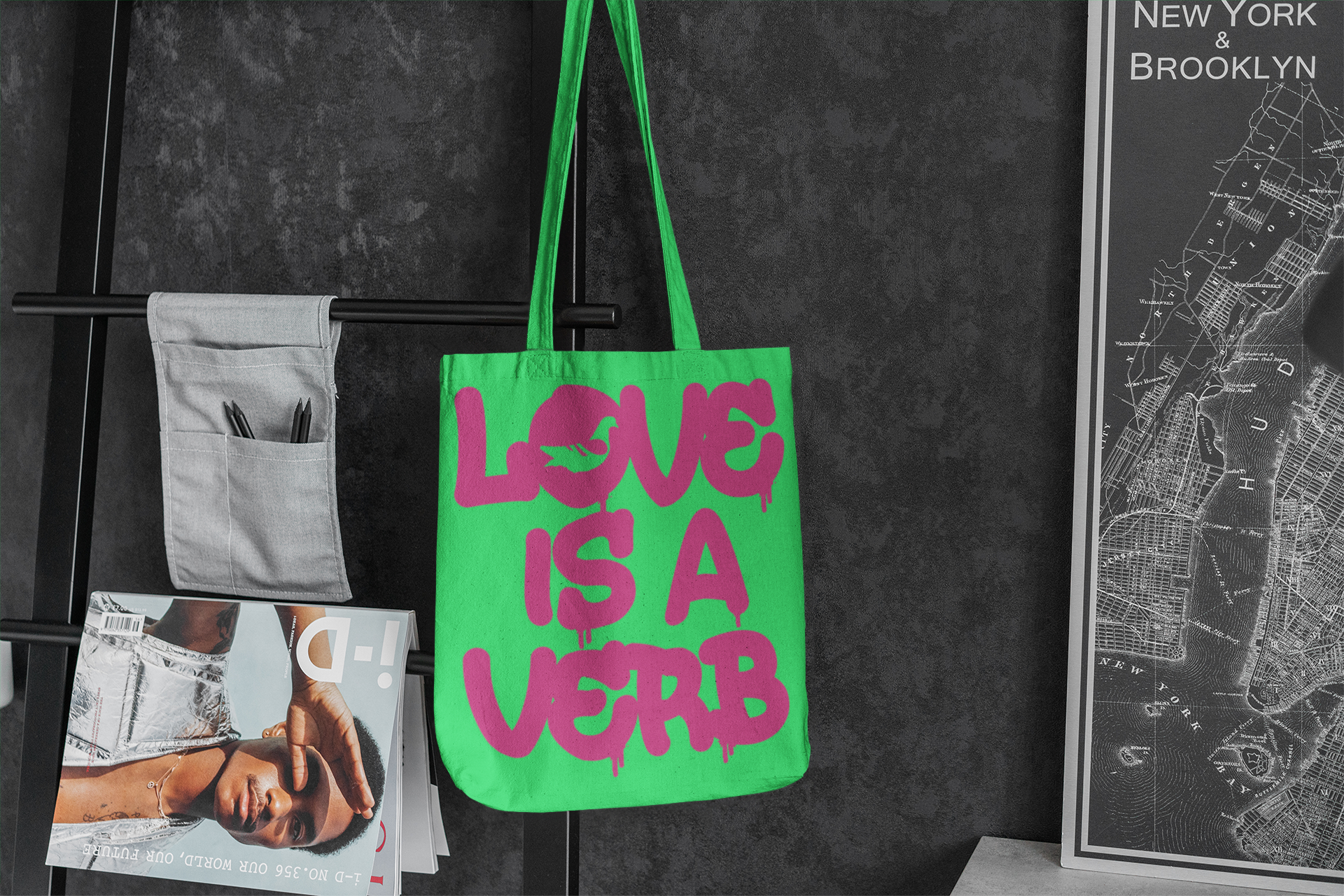 "Love is a Verb" Tote Bag